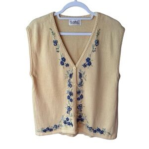 Vintage Tabi International Pastel Yellow Vest with Blue Floral Embroidery Size M